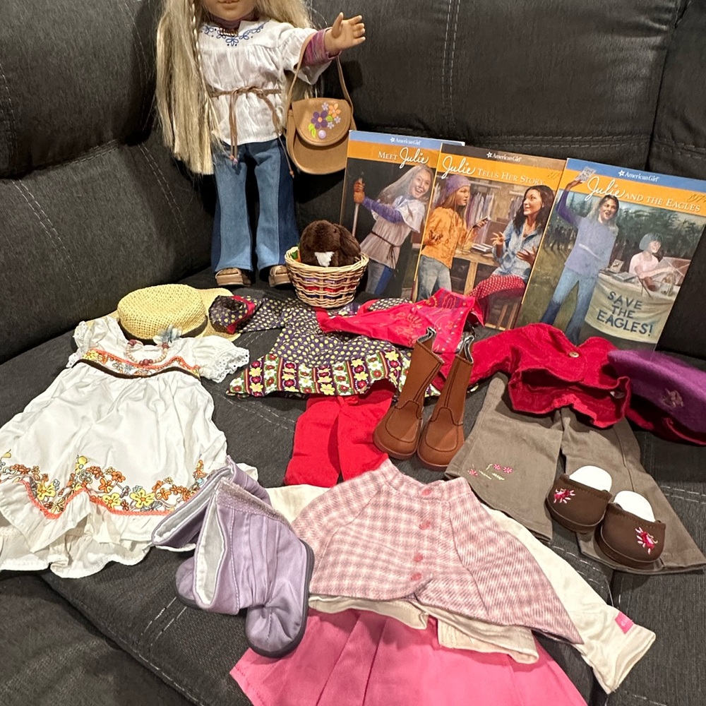 American Girl Doll Julie with clothing , bunny, and books - whole set! $150